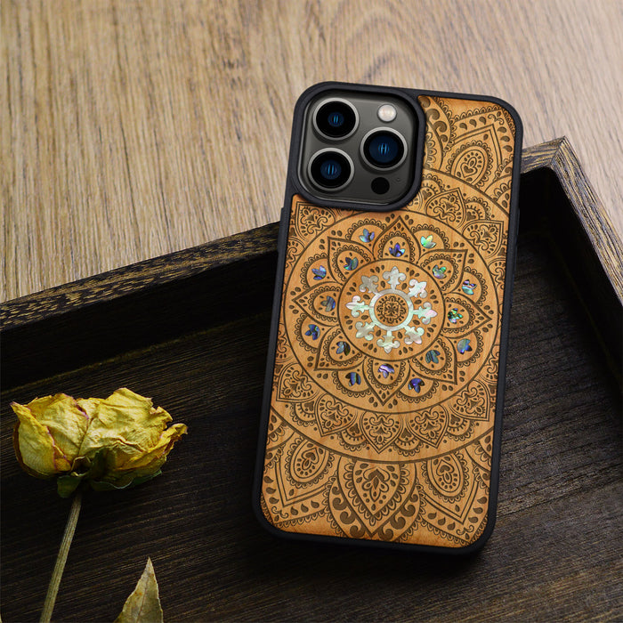 Mandala Floral, Hand-Inlaid Wood & Mother of Pearl Case - Artisanal Cover for Apple iPhone