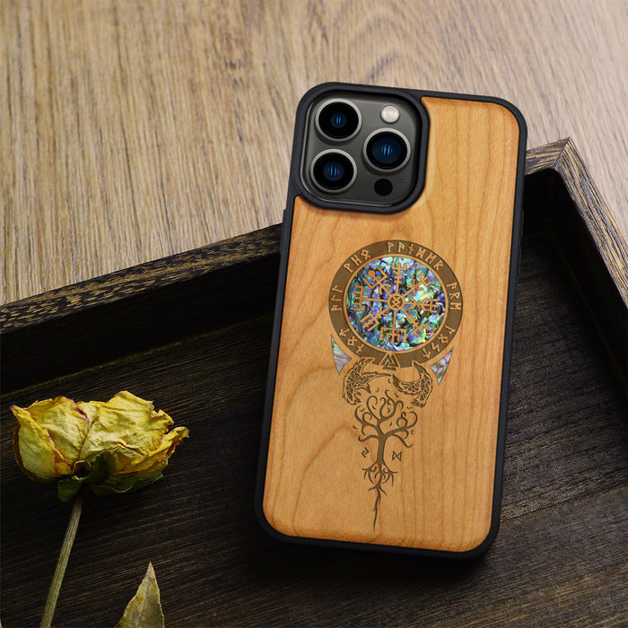 Dragon-Inspired Shield with Aegishjalmur, Hand-Inlaid Wood & Mother of Pearl Case - Artisanal Cover for Apple iPhone