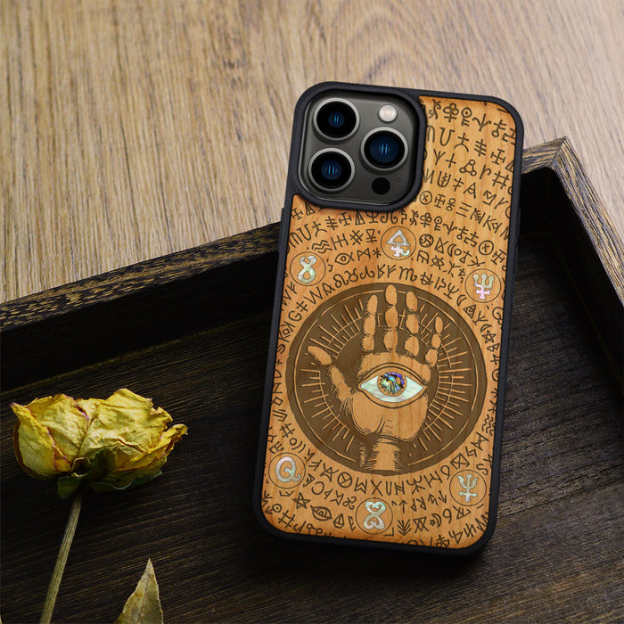 All-Seeing Hand, Hand-Inlaid Wood & Mother of Pearl Case - Artisanal Cover for Apple iPhone