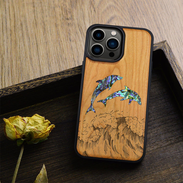 Dual Dolphins in the Waves, Hand-Inlaid Wood & Mother of Pearl Case - Artisanal Cover for Apple iPhone