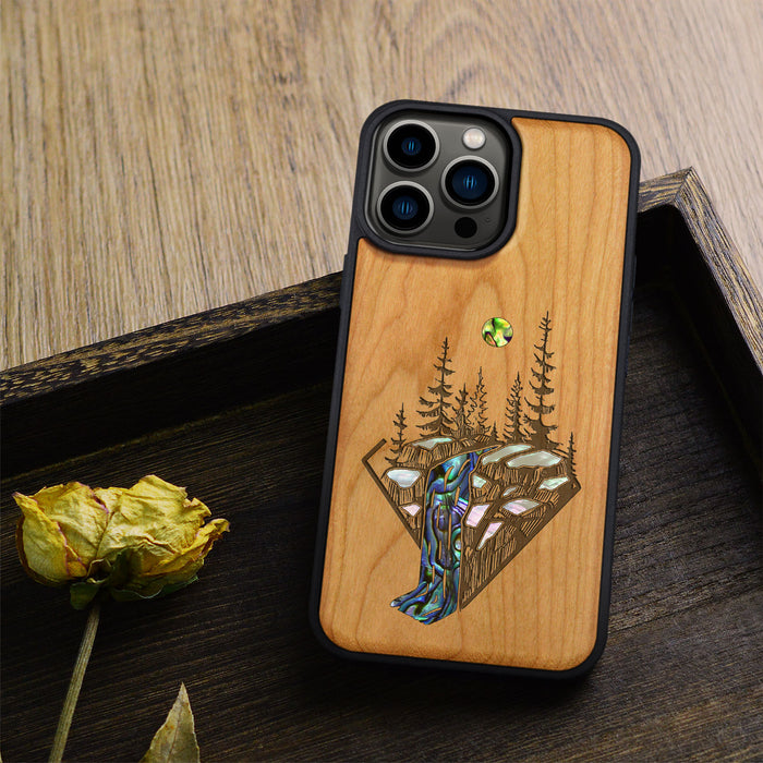 The Floating Forest and Waterfall, Hand-Inlaid Wood & Mother of Pearl Case - Artisanal Cover for Apple iPhone