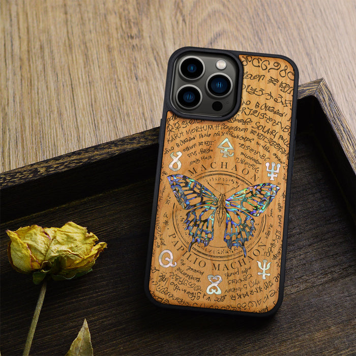 Papilio machaon, Hand-Inlaid Wood & Mother of Pearl Case - Artisanal Cover for Apple iPhone