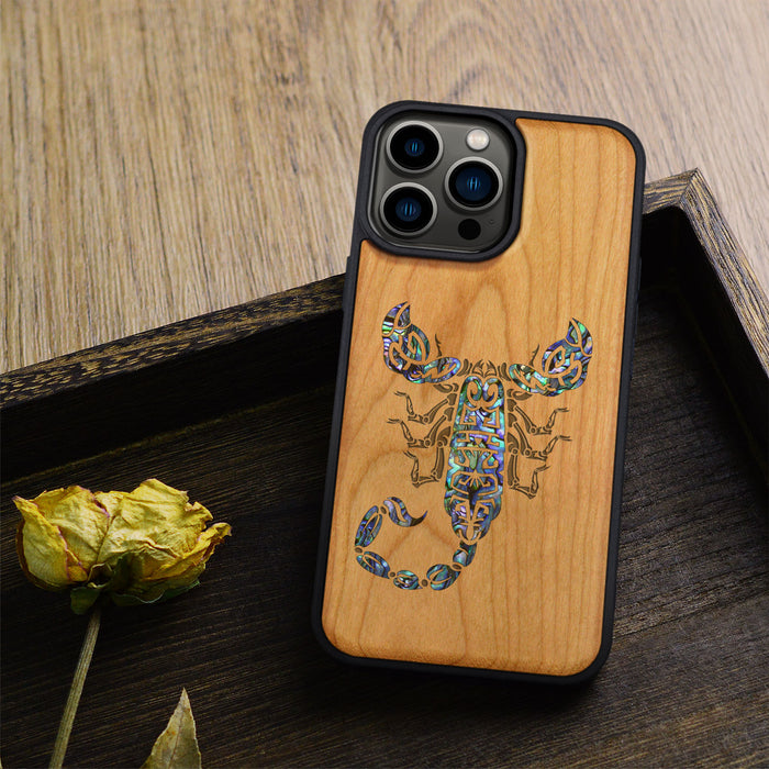 The Tribal Scorpion, Hand-Inlaid Wood & Mother of Pearl Case - Artisanal Cover for Apple iPhone