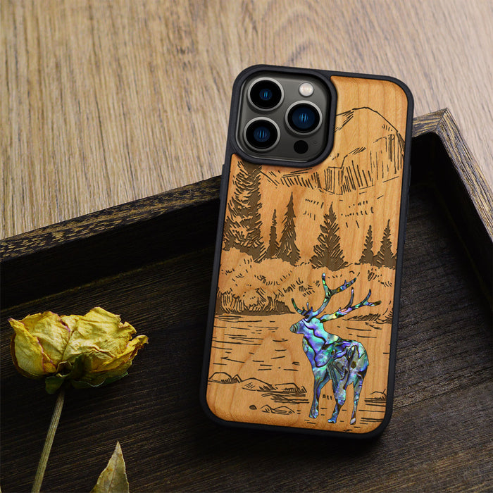 An Enthralling Natural Landscape Illustration, Hand-Inlaid Wood & Mother of Pearl Case - Artisanal Cover for Apple iPhone