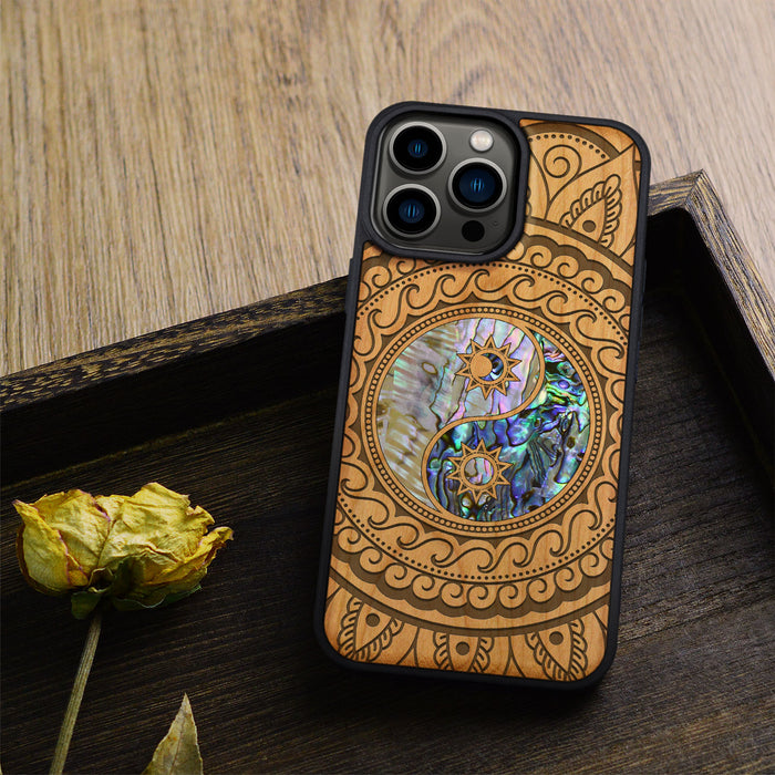 The Yin Yang Paisley, Hand-Inlaid Wood & Mother of Pearl Case - Artisanal Cover for Apple iPhone