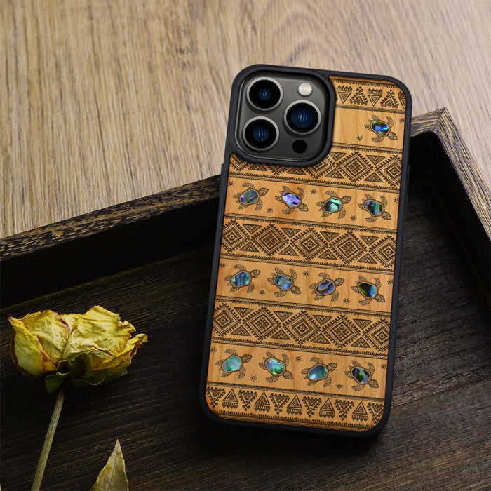 The Aztec Sea Turtle, Hand-Inlaid Wood & Mother of Pearl Case - Artisanal Cover for Apple iPhone