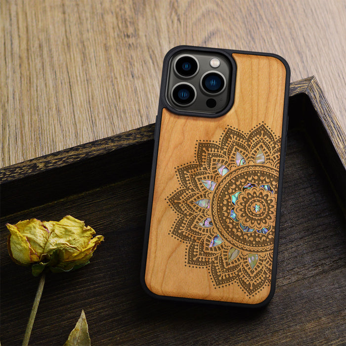 The Half Mandala Lace Art, Hand-Inlaid Wood & Mother of Pearl Case - Artisanal Cover for Apple iPhone