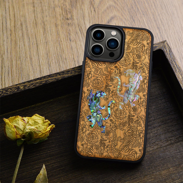 Tiger Amidst Flowers, Hand-Inlaid Wood & Mother of Pearl Case - Artisanal Cover for Apple iPhone