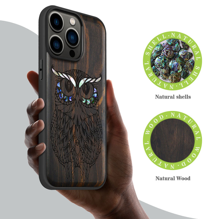 The Owl Mandala, Hand-Inlaid Wood & Mother of Pearl Case - Artisanal Cover for Apple iPhone