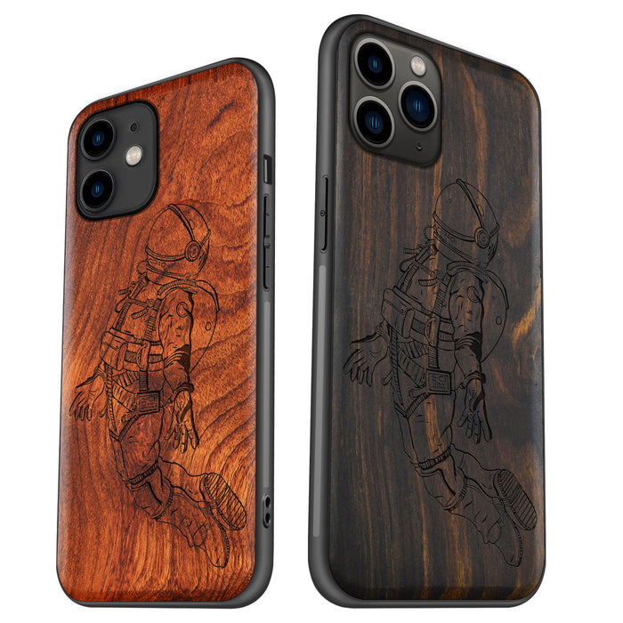 The Floating Astronaut, Classic Engraved Wood & TPU Case - Artisanal Cover for Apple iPhone