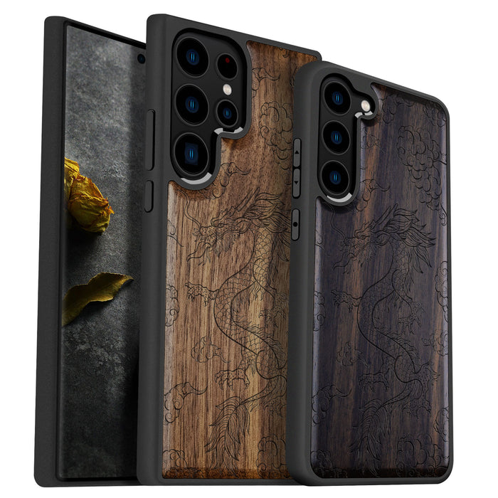 The Dragon's Ascent, Classic Engraved Wood & TPU Case - Artisanal Cover for Samsung Galaxy