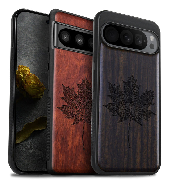 Intricate Maple Leaf Sketch, Classic Engraved Wood & TPU Case - Artisanal Cover for Google Pixel