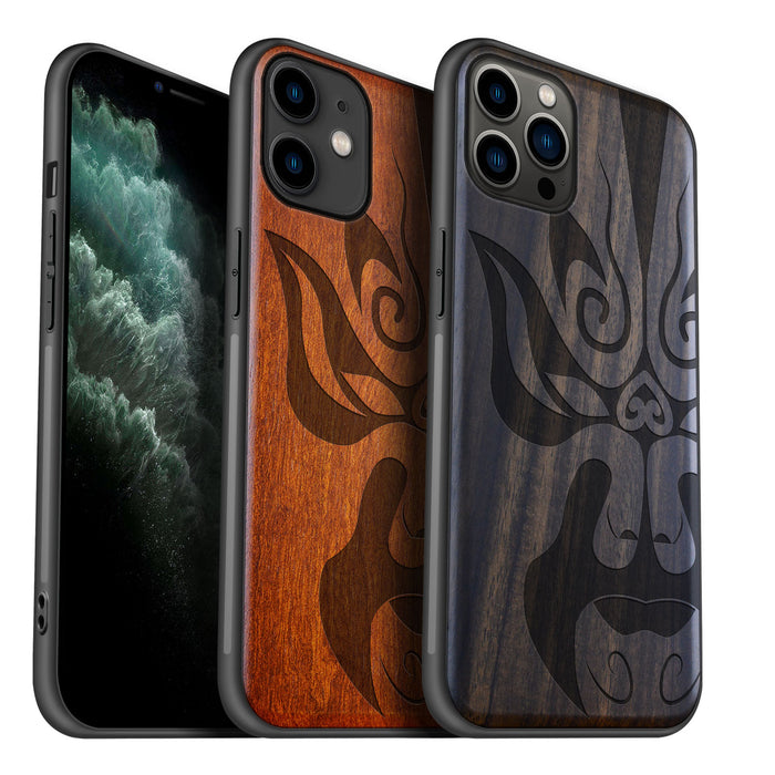 The Chinese Opera Mask, Classic Engraved Wood & TPU Case - Artisanal Cover for Apple iPhone