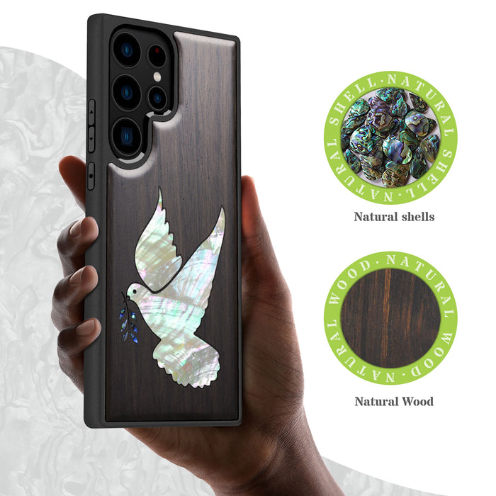 The Dove with Olive Branch, Hand-Inlaid Wood & Mother of Pearl Case - Artisanal Cover for Samsung Galaxy