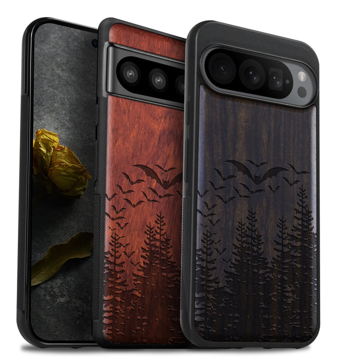 Bats Over the Forest, Classic Engraved Wood & TPU Case - Artisanal Cover for Google Pixel