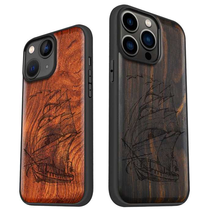 Pirate Ship Line Work, Classic Engraved Wood & TPU Case - Artisanal Cover for Apple iPhone