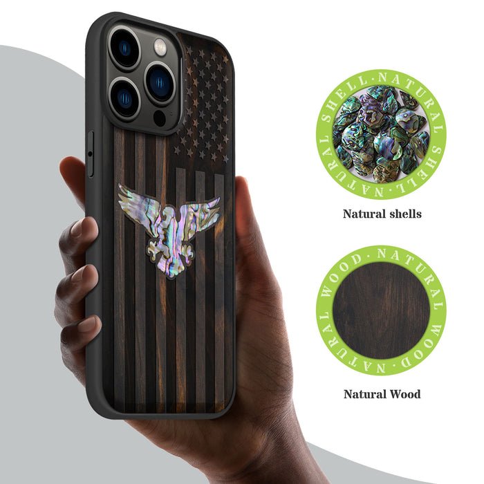 Bald Eagle and Flag, Hand-Inlaid Wood & Mother of Pearl Case - Artisanal Cover for Apple iPhone