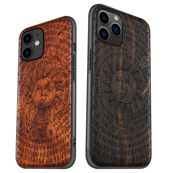 Sun and Moon God Illumination, Classic Engraved Wood & TPU Case - Artisanal Cover for Apple iPhone