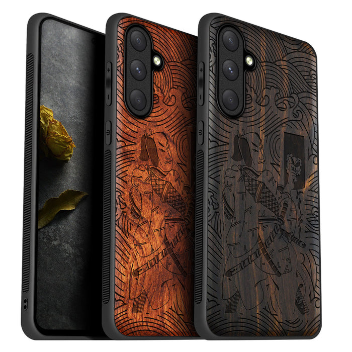 The Samurai's Stand Amidst the Tempest, Classic Engraved Wood & TPU Case - Artisanal Cover for Samsung Galaxy