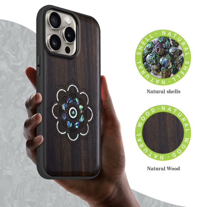 Mystic Floral Harmony, Hand-Inlaid Wood & Mother of Pearl Case - Artisanal Cover for Apple iPhone