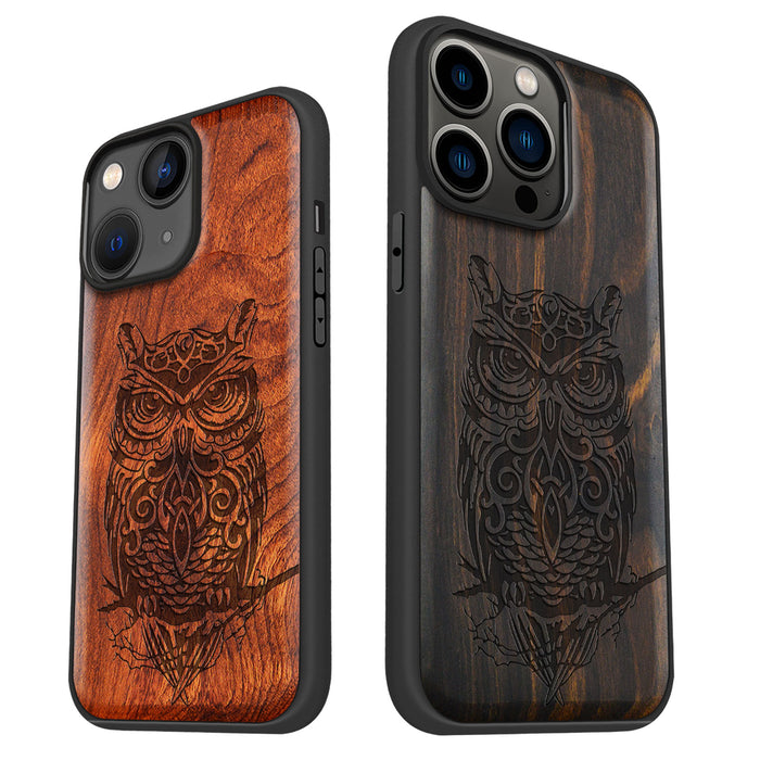 An Owl Perched on a Branch, Classic Engraved Wood & TPU Case - Artisanal Cover for Apple iPhone