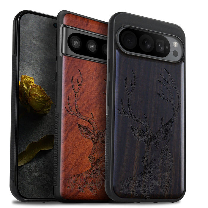 The Half-Length Deer Linework Art, Classic Engraved Wood & TPU Case - Artisanal Cover for Google Pixel