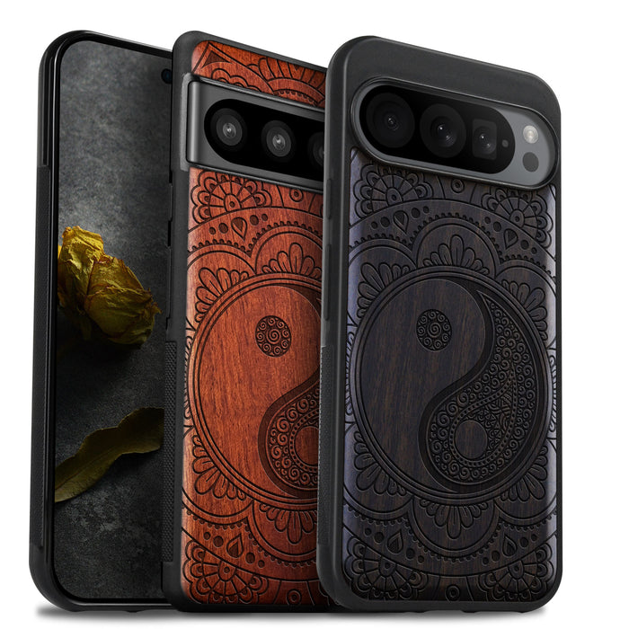 The Yin-Yang Mandala, Classic Engraved Wood & TPU Case - Artisanal Cover for Google Pixel