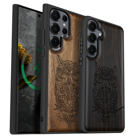 An Owl Perched on a Branch Classic Engraved Wood & TPU Case Samsung Galaxy Artisanal Case View