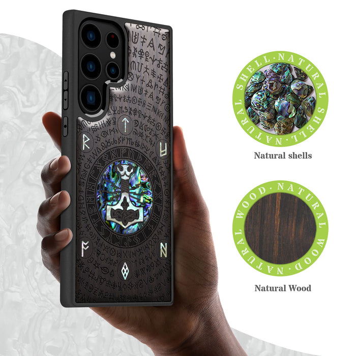 Mjölnir and the Runes, Hand-Inlaid Wood & Mother of Pearl Case - Artisanal Cover for Samsung Galaxy