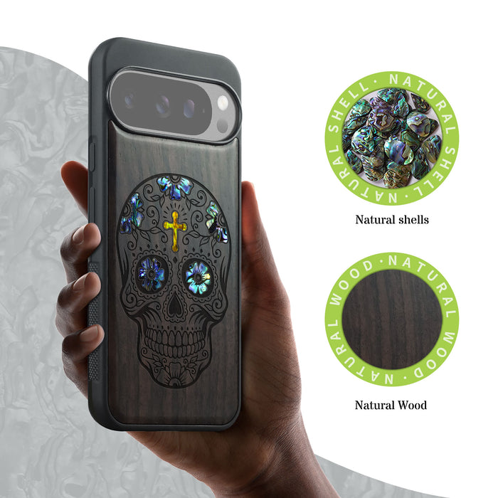 The Dia de los Muertos Sugar Skull, Hand-Inlaid Wood & Mother of Pearl Case - Artisanal Cover for Google Pixel