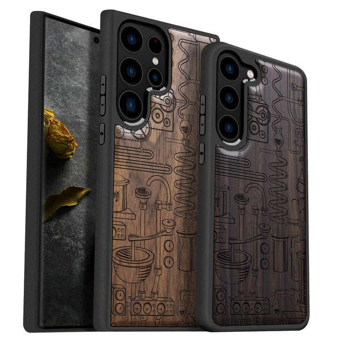 Machinery in Harmony, Classic Engraved Wood & TPU Case - Artisanal Cover for Samsung Galaxy