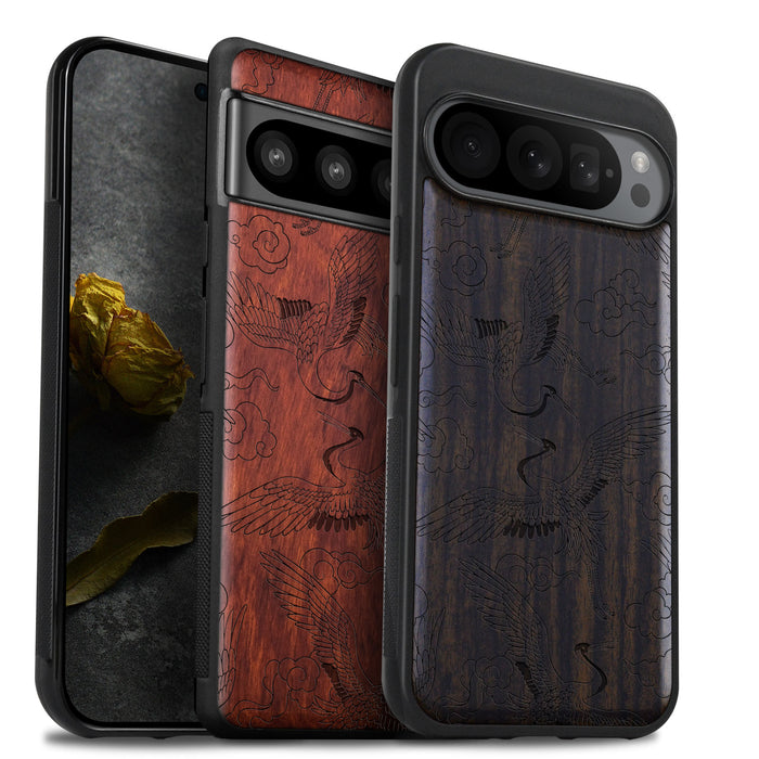 Auspicious Cranes and Clouds, Classic Engraved Wood & TPU Case - Artisanal Cover for Google Pixel