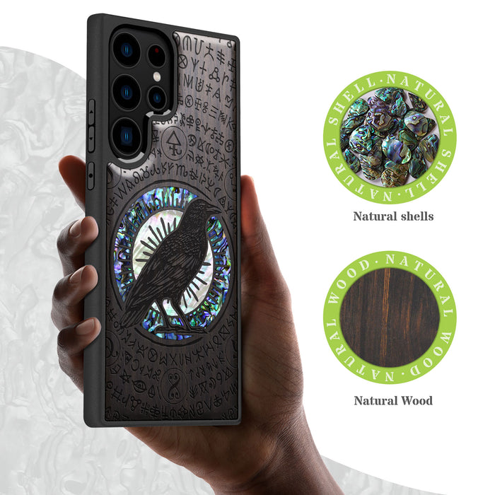 The Haloed Crow, Hand-Inlaid Wood & Mother of Pearl Case - Artisanal Cover for Samsung Galaxy