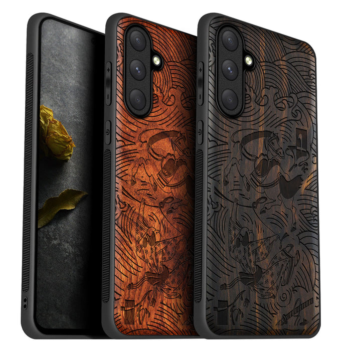 The Dance of Blades and Waves, Classic Engraved Wood & TPU Case - Artisanal Cover for Samsung Galaxy