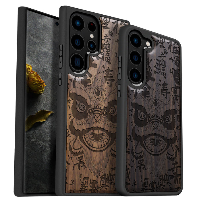 Chinese Lion Dance Head Auspicious, Classic Engraved Wood & TPU Case - Artisanal Cover for Samsung Galaxy