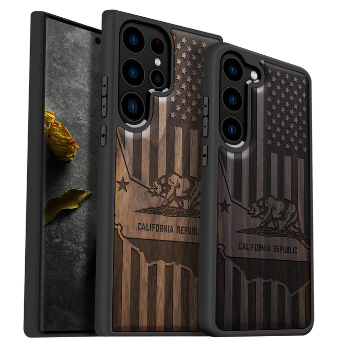 California's Emblematic Tribute, Classic Engraved Wood & TPU Case - Artisanal Cover for Samsung Galaxy