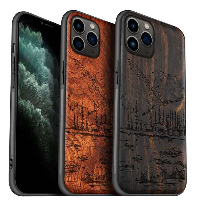 Mountains, Lake, and Village Life, Classic Engraved Wood & TPU Case - Artisanal Cover for Apple iPhone