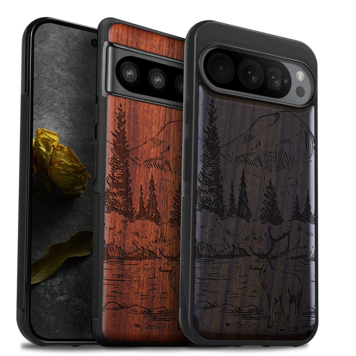 An Enthralling Natural Landscape Illustration, Classic Engraved Wood & TPU Case - Artisanal Cover for Google Pixel