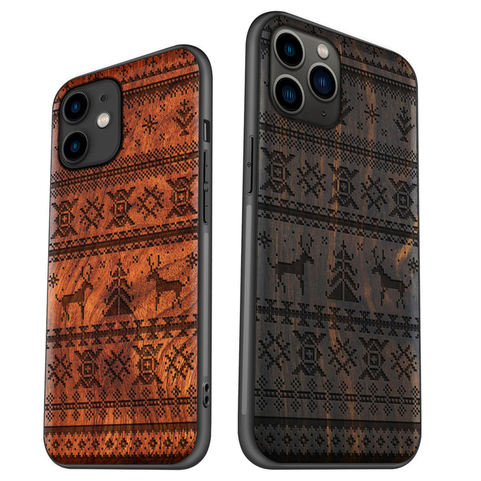 Deer, Snowflake, and Tree, Classic Engraved Wood & TPU Case - Artisanal Cover for Apple iPhone