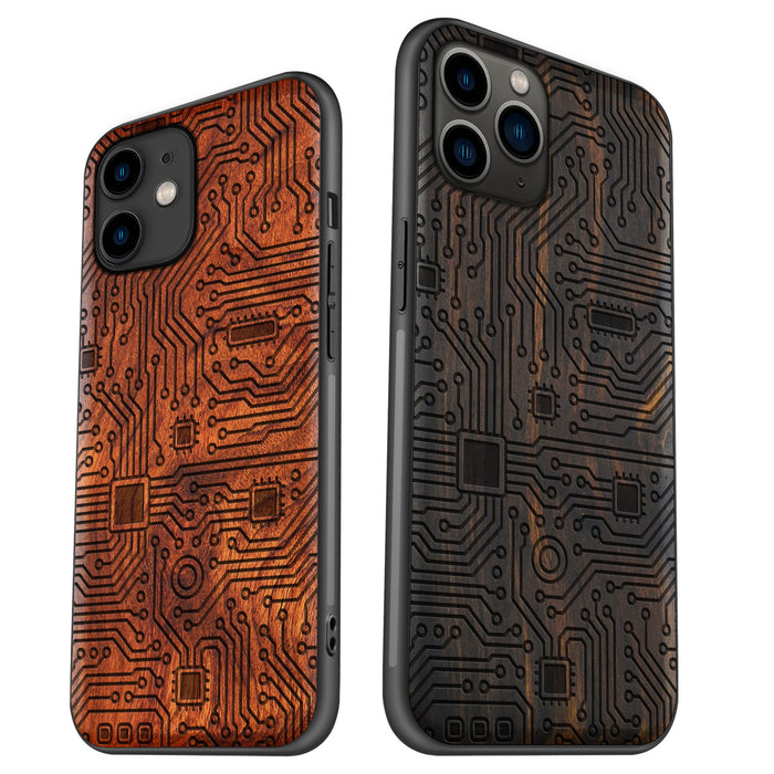 Abstract Motherboard Linework Art, Classic Engraved Wood & TPU Case - Artisanal Cover for Apple iPhone