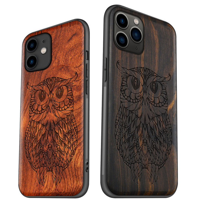 The Owl Mandala, Classic Engraved Wood & TPU Case - Artisanal Cover for Apple iPhone