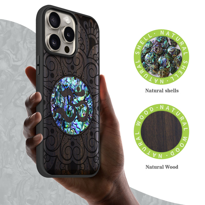 Eternal Om Mandala, Hand-Inlaid Wood & Mother of Pearl Case - Artisanal Cover for Apple iPhone