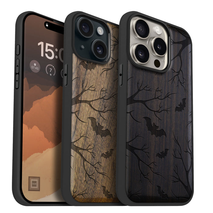 Bats in the Moonlight, Classic Engraved Wood & TPU Case - Artisanal Cover for Apple iPhone