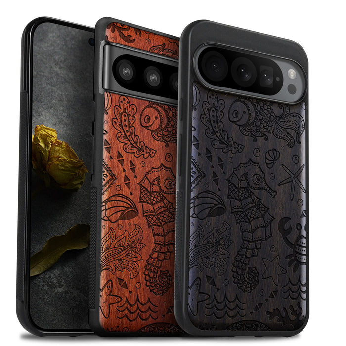 An Aquatic Symphony, Classic Engraved Wood & TPU Case - Artisanal Cover for Google Pixel