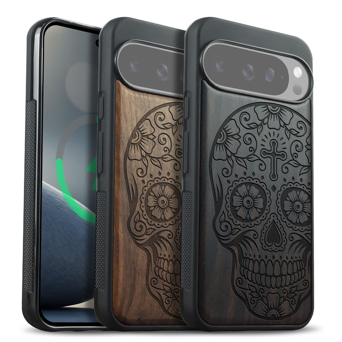 Fiesta Skull, Classic Engraved Wood & TPU Case - Artisanal Cover for Google Pixel
