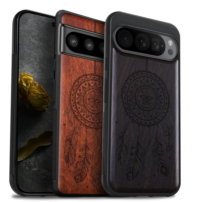 The Dreamcatcher's Embrace, Classic Engraved Wood & TPU Case - Artisanal Cover for Google Pixel