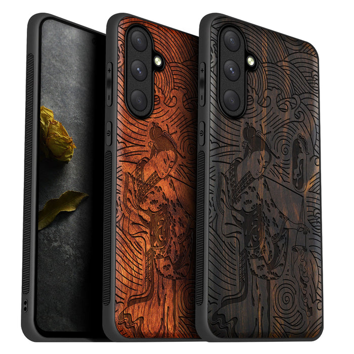 Geisha and the Curling Waves, Classic Engraved Wood & TPU Case - Artisanal Cover for Samsung Galaxy