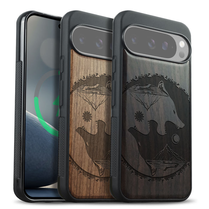 Yin-Yang Wolf, Classic Engraved Wood & TPU Case - Artisanal Cover for Google Pixel