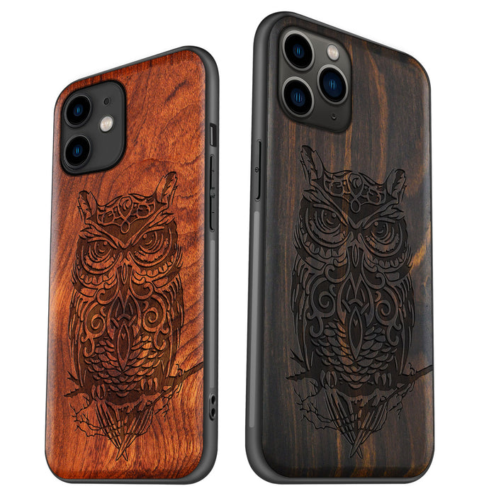 An Owl Perched on a Branch, Classic Engraved Wood & TPU Case - Artisanal Cover for Apple iPhone