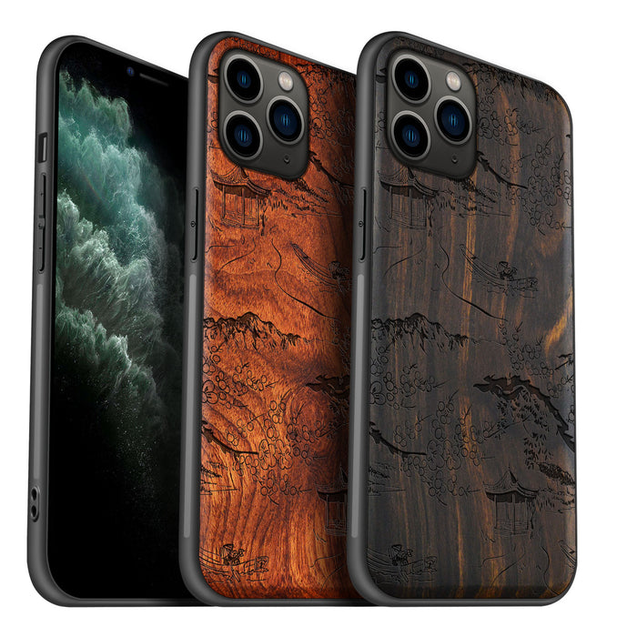 An Intricate Chinese Landscape, Classic Engraved Wood & TPU Case - Artisanal Cover for Apple iPhone